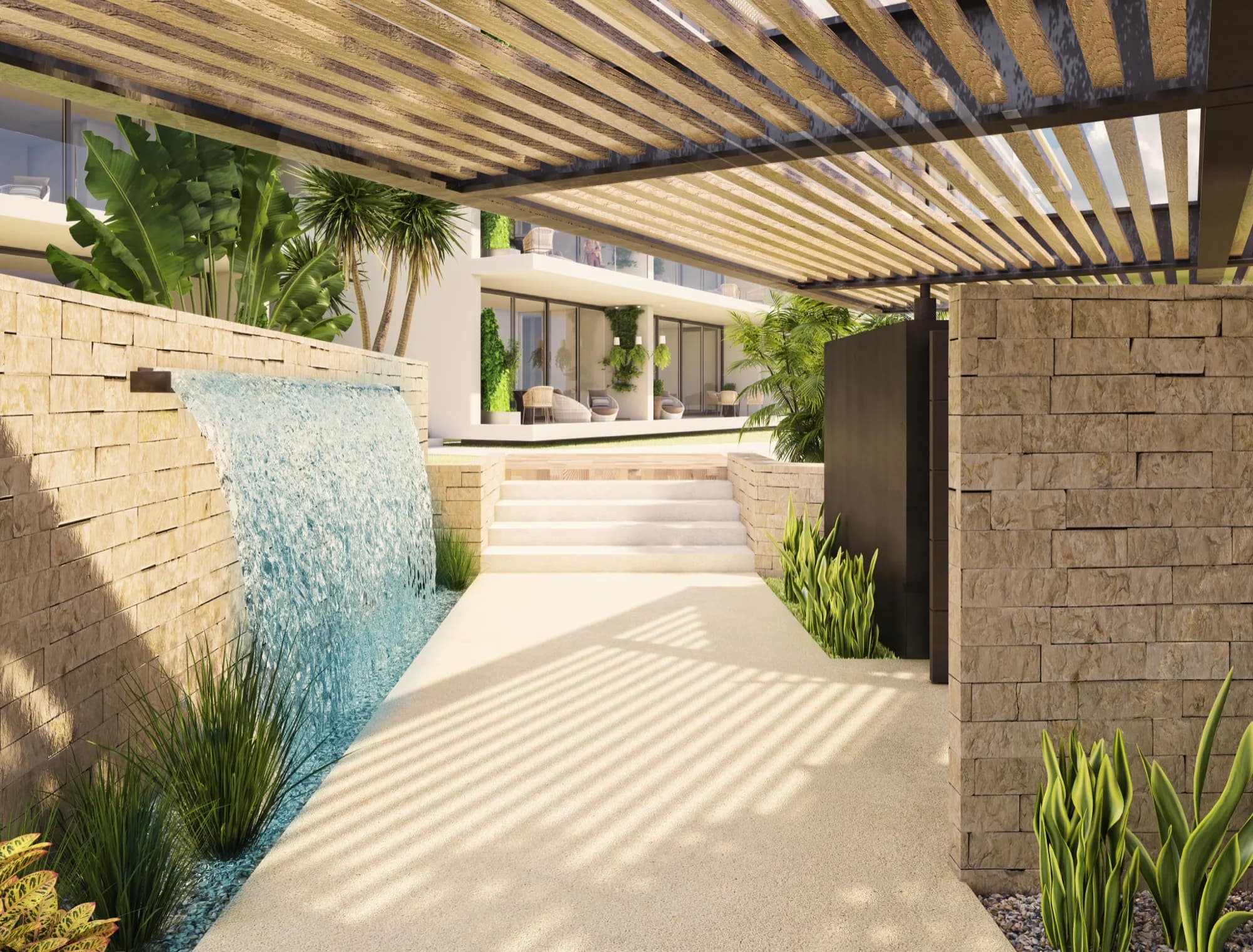 Render del acceso con cascada de agua sobre muro de piedra