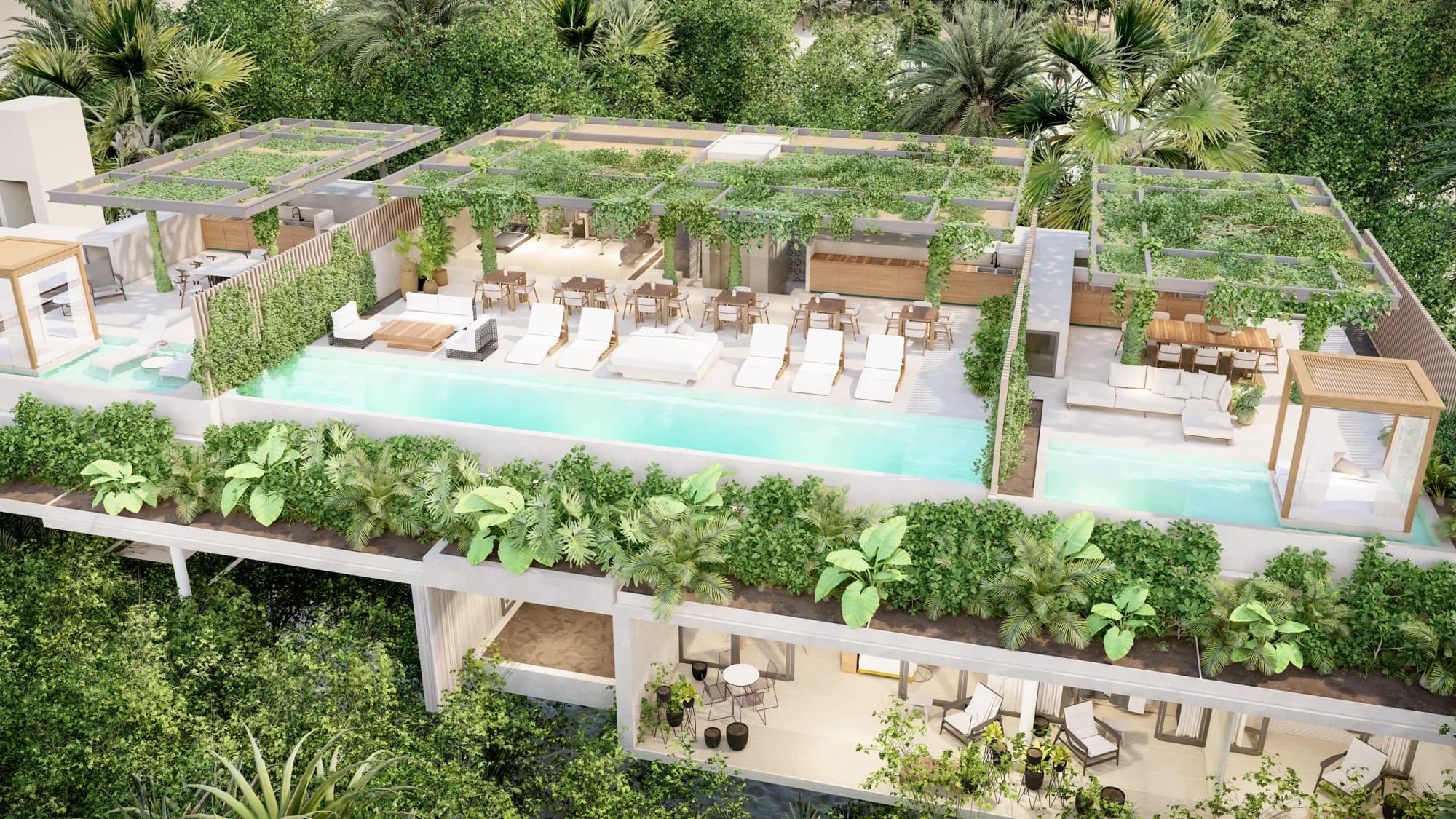 Render del solario común en el rooftop con alberca infinity-edge y camastros