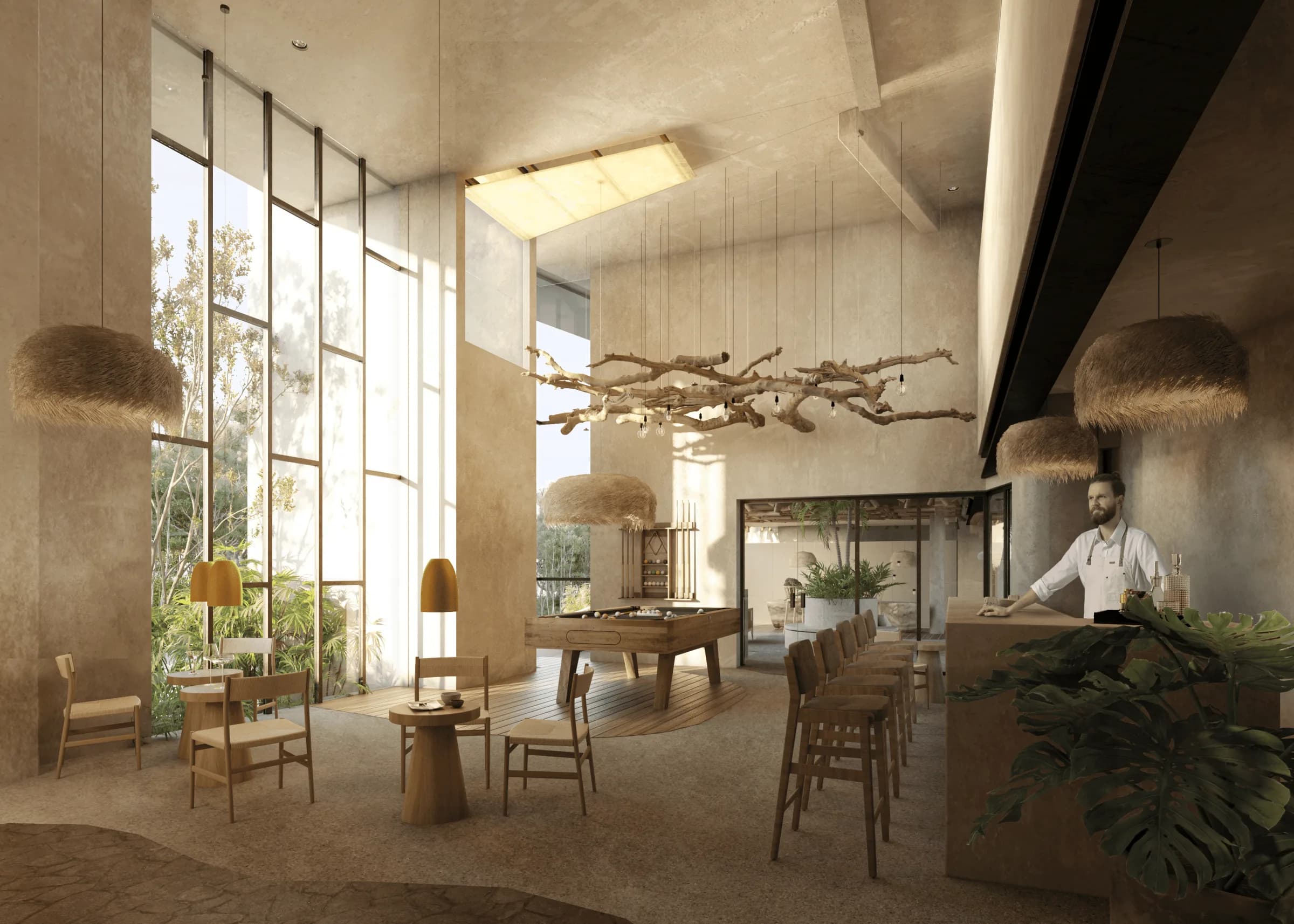 Render del family room con mesa de billar y barra