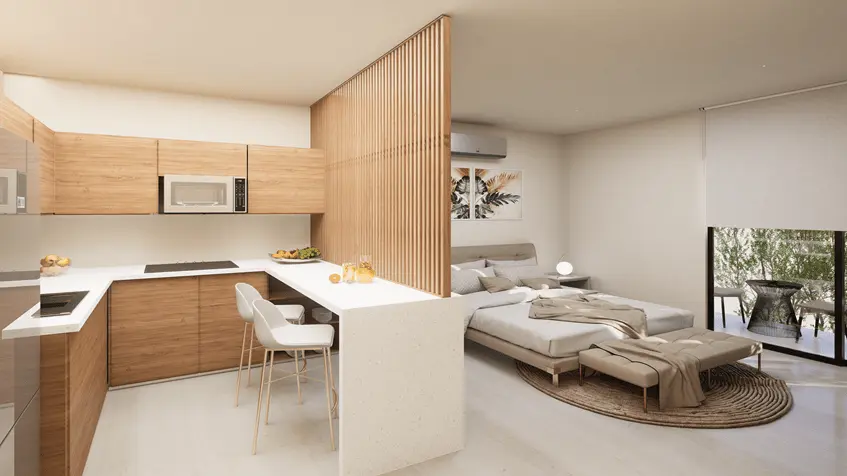 Studio Peace: cocina y recámara
