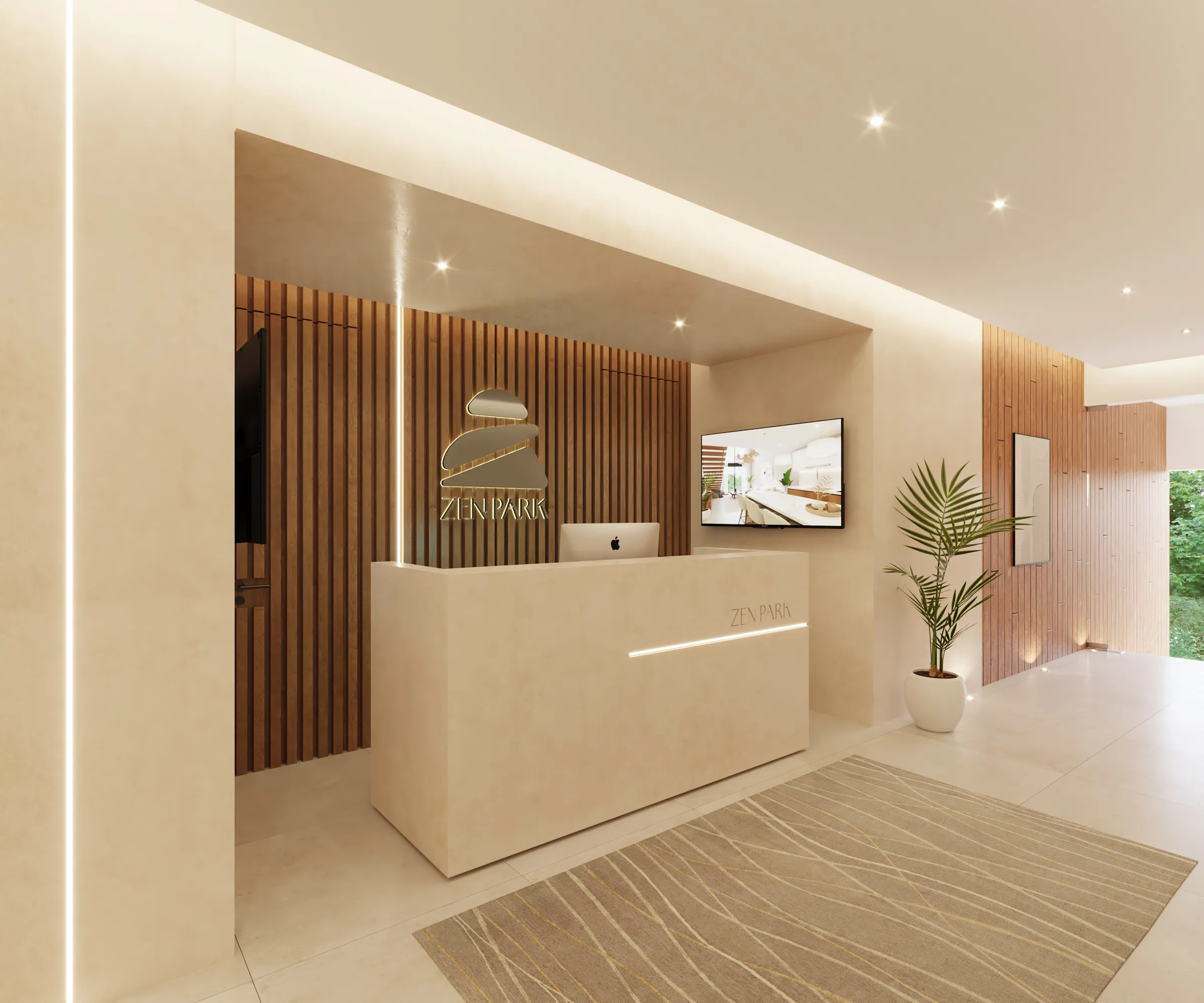 Lobby de Zen Park: recepción con logo retroiluminado y muro de madera