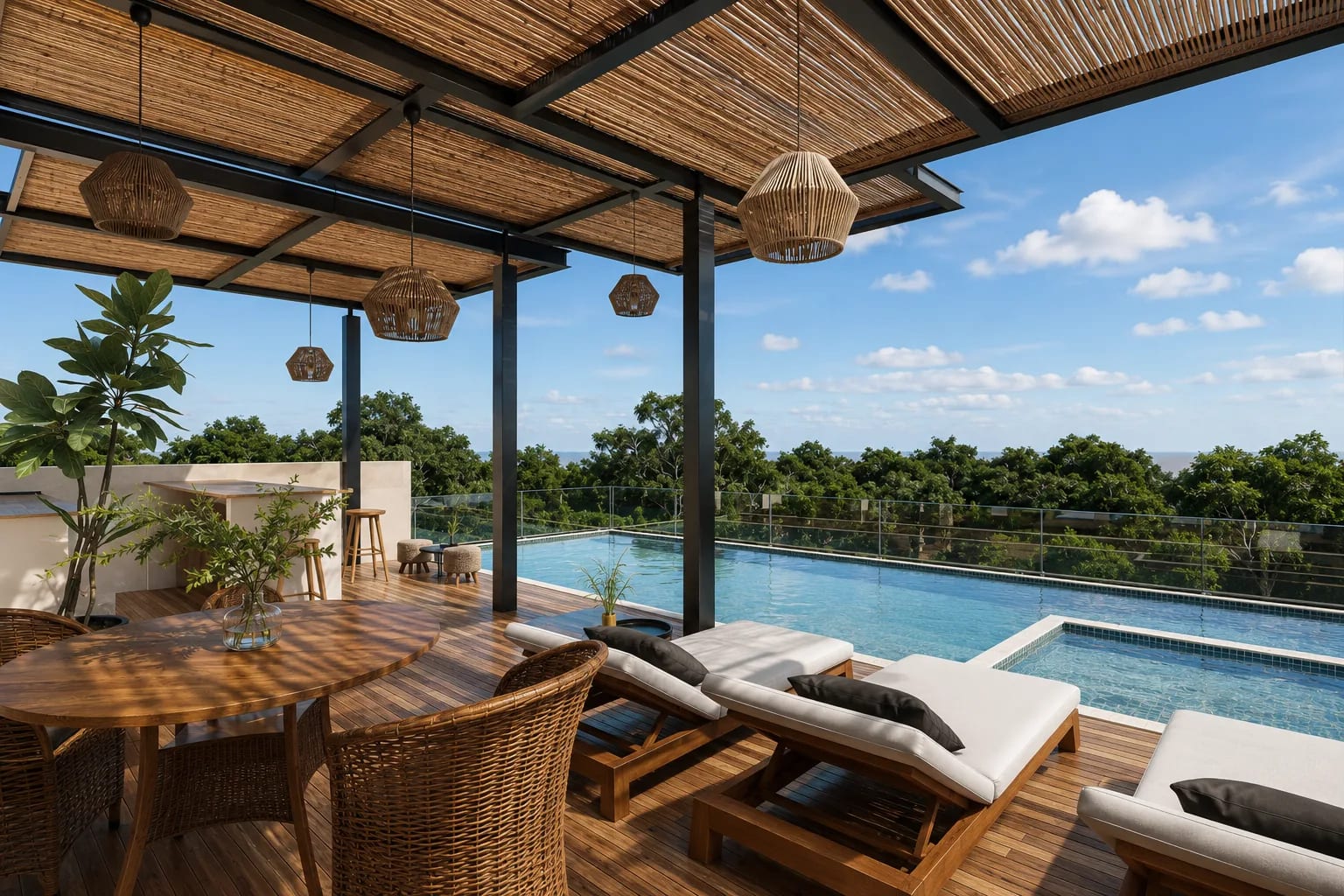 Terraza del rooftop: pérgola, lounge y alberca